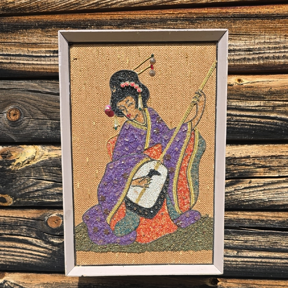 MCM Sand Art 60s 70s Geisha Playing Guitar Gravel Art Framed